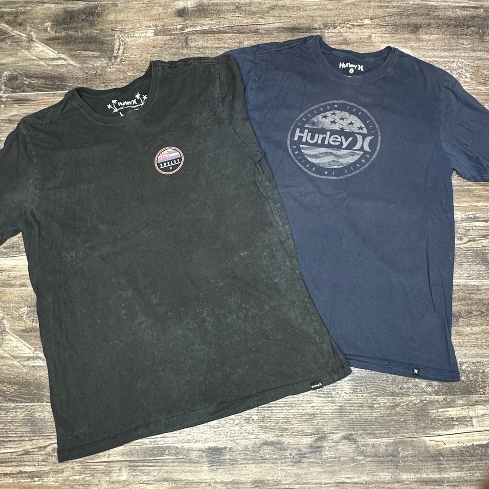 Hurley T Shirt Bundle L Blue Logo + Black Graphic Faded Surf Tee